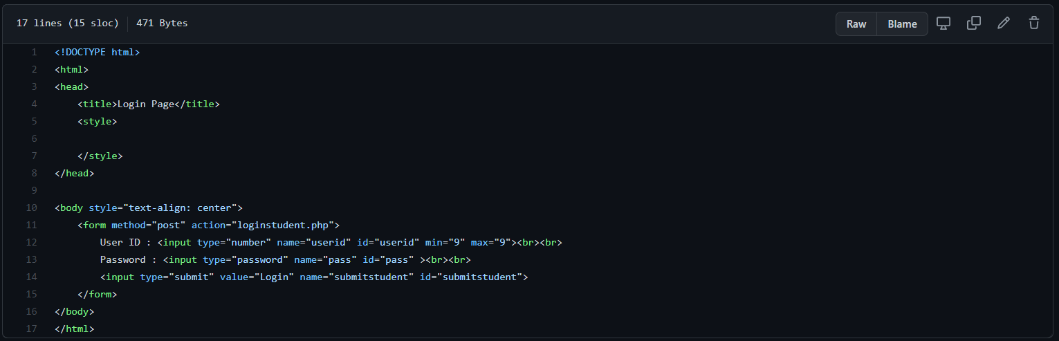 Html code of User Login